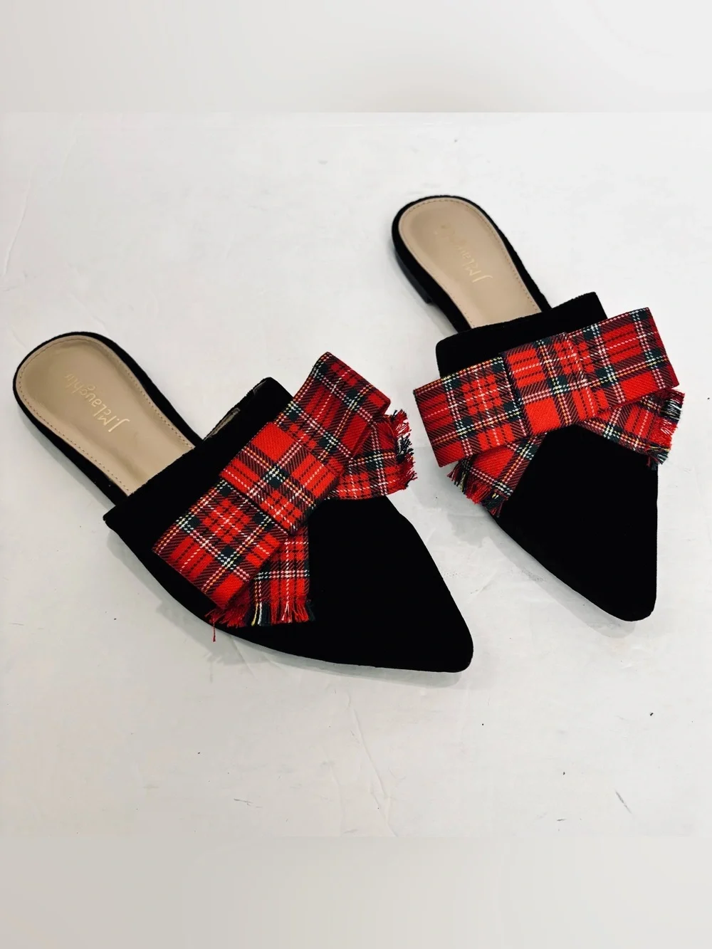 J Mclaughlin Lyon Flats Tartan Red Bow Pointed Toe Black Velvet Slide On Loafers